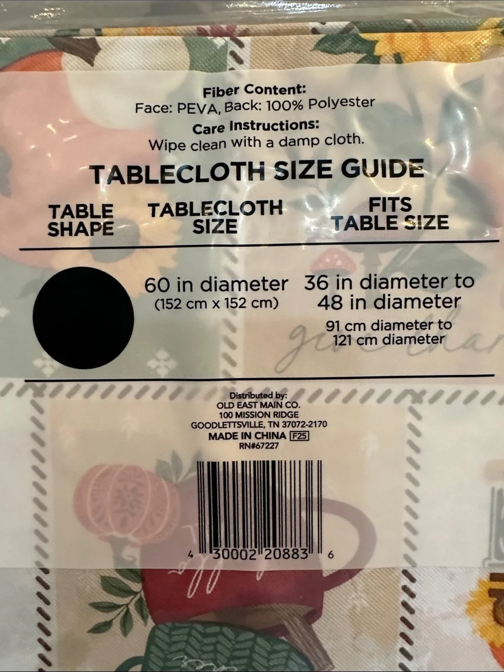 PEVA Round Tablecloth 60” Fall Autumn Theme – Waterproof Table Cover
